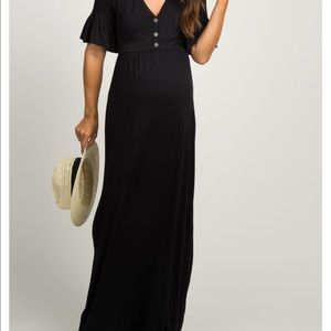 Black Button Ruffle Sleeve Maxi Dress